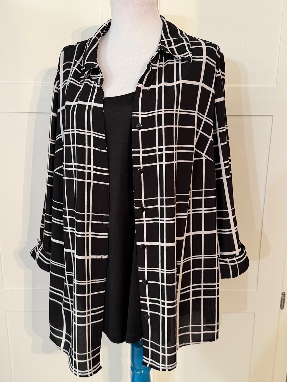 Rebecca Malone Black and White Windowpane Button-Down Shirt